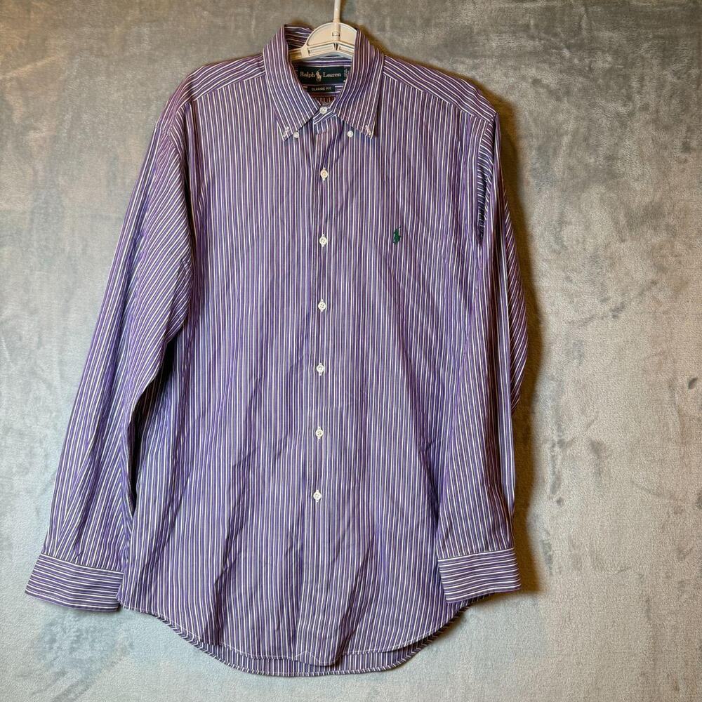 Vintage Ralph Lauren purple striped button down shirt classic fit mens medium